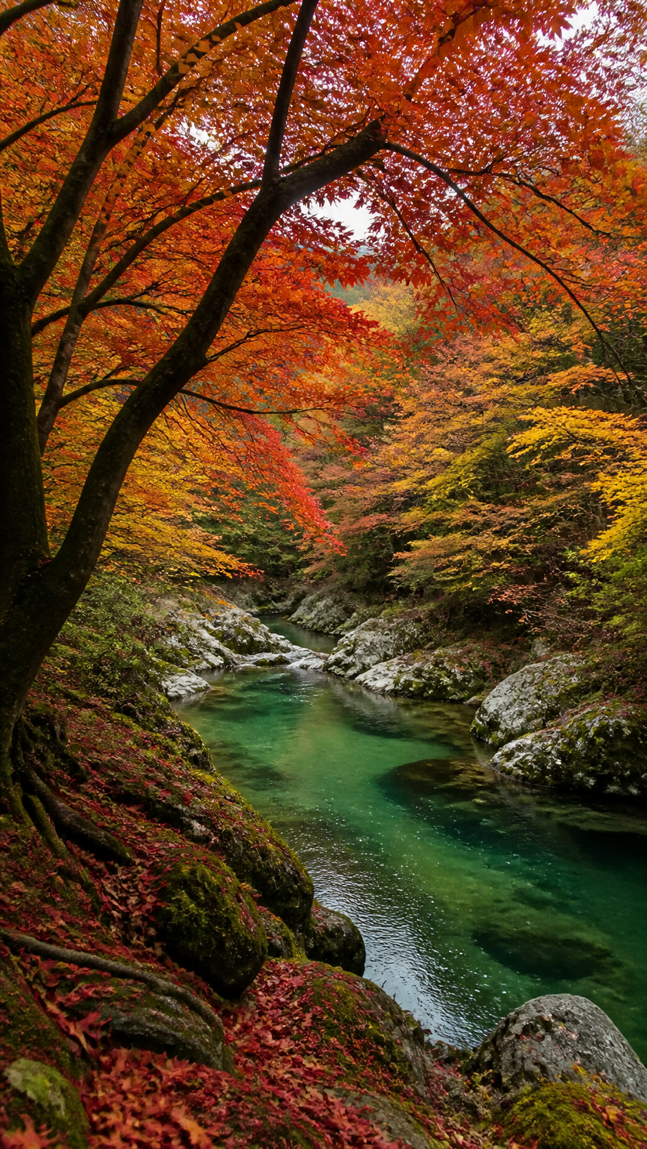 Maple Emerald Stream Nature phone wallpaper