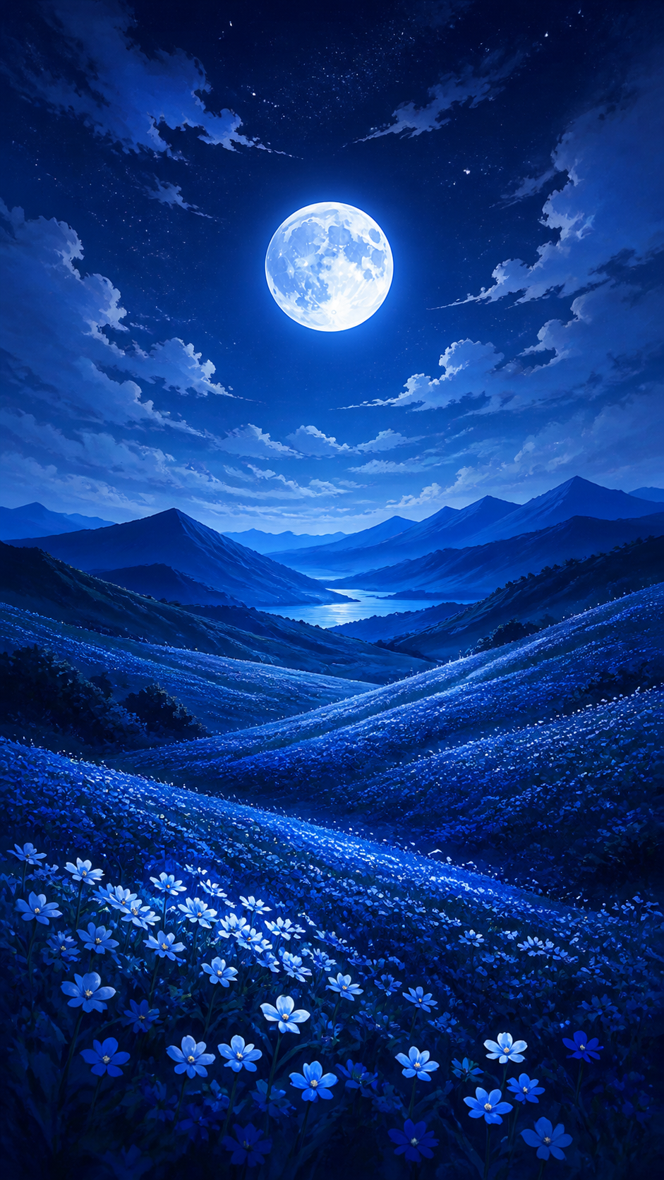 Moonlit Blue Meadow Anime phone wallpaper