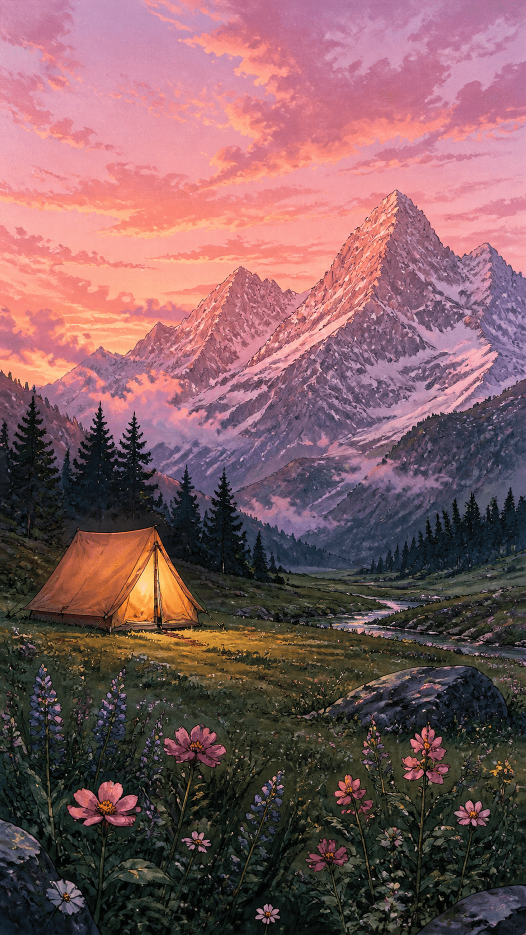 Rosewood Alpine Camp Illustration phone wallpaper