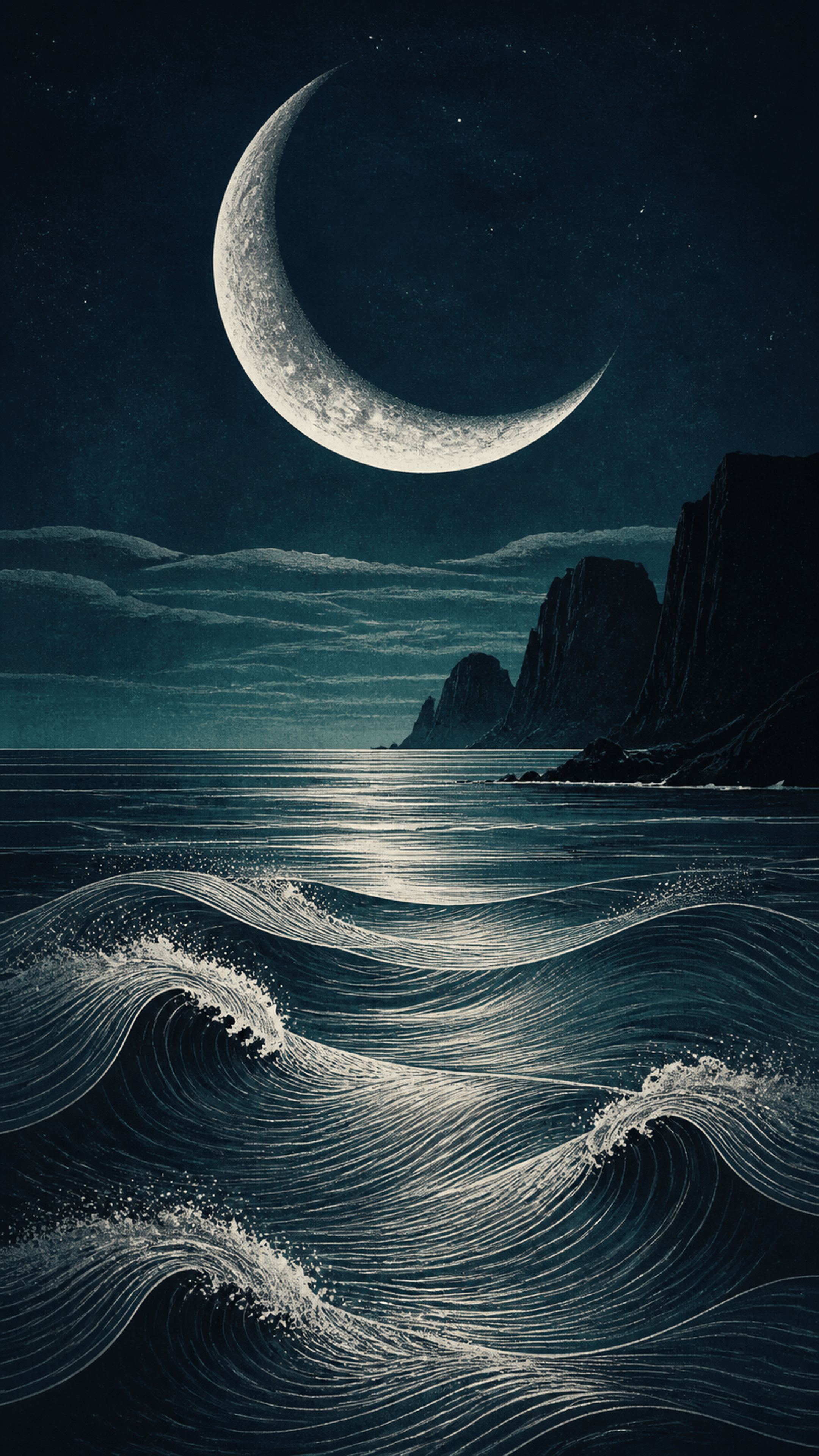 Silver Crescent Tide Illustration phone wallpaper
