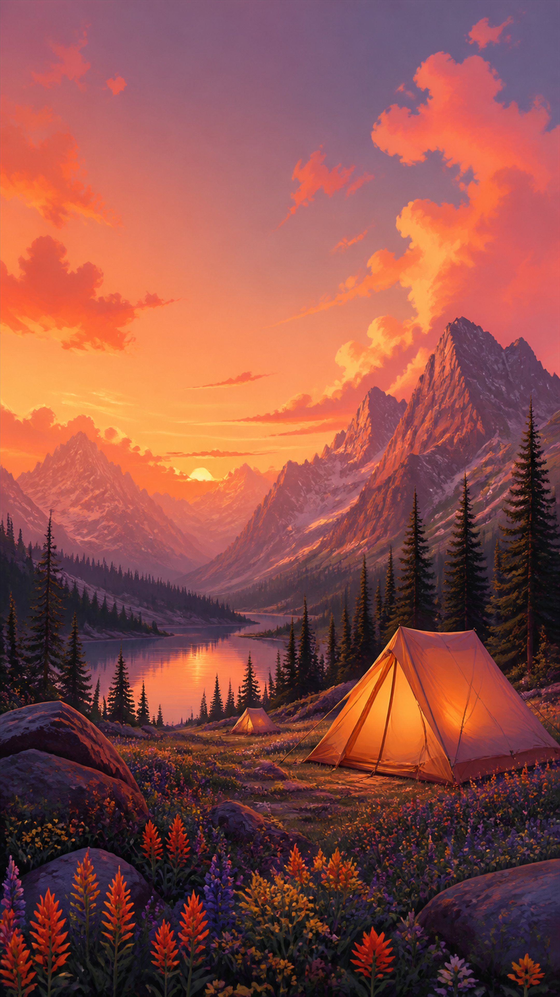 Alpine Ember Camp Illustration phone wallpaper
